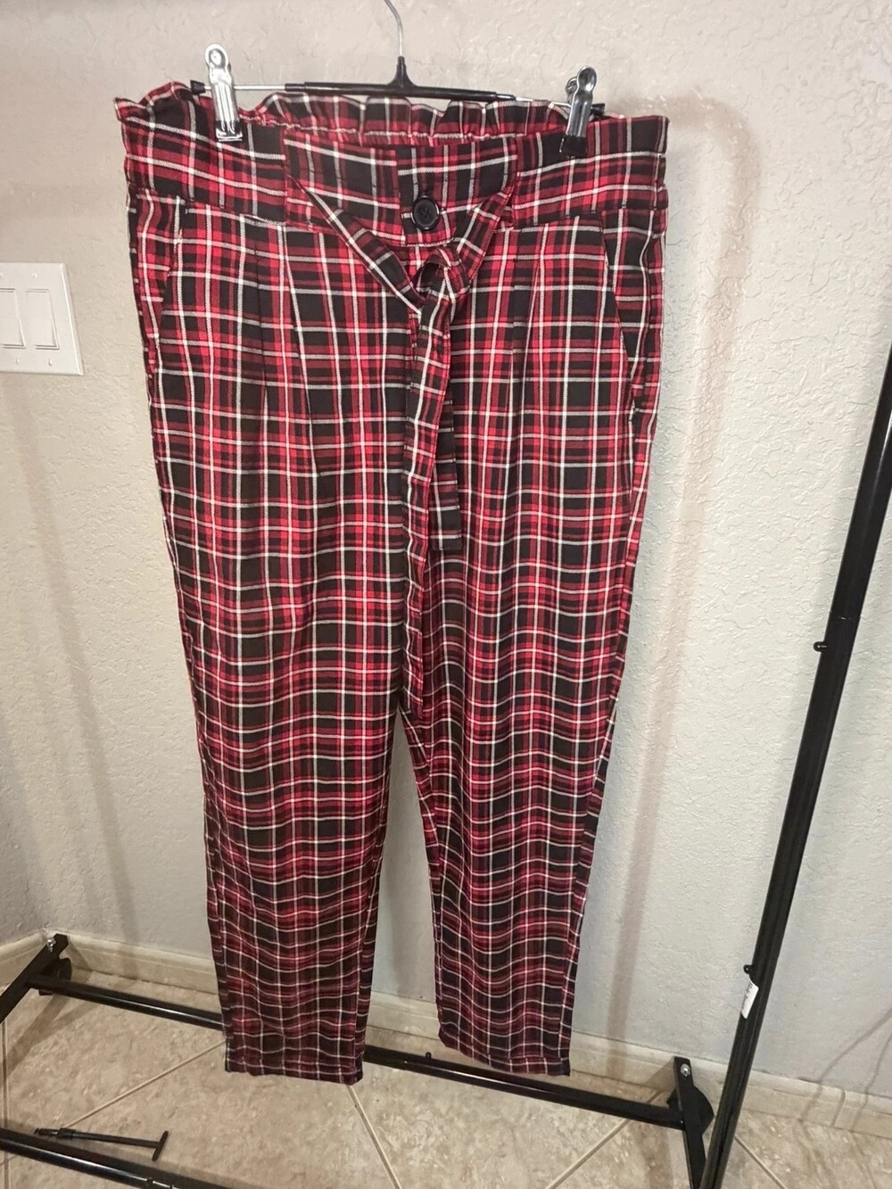 Almost Famous Red Plaid Paperbag Waist Tie Trousers - Size L